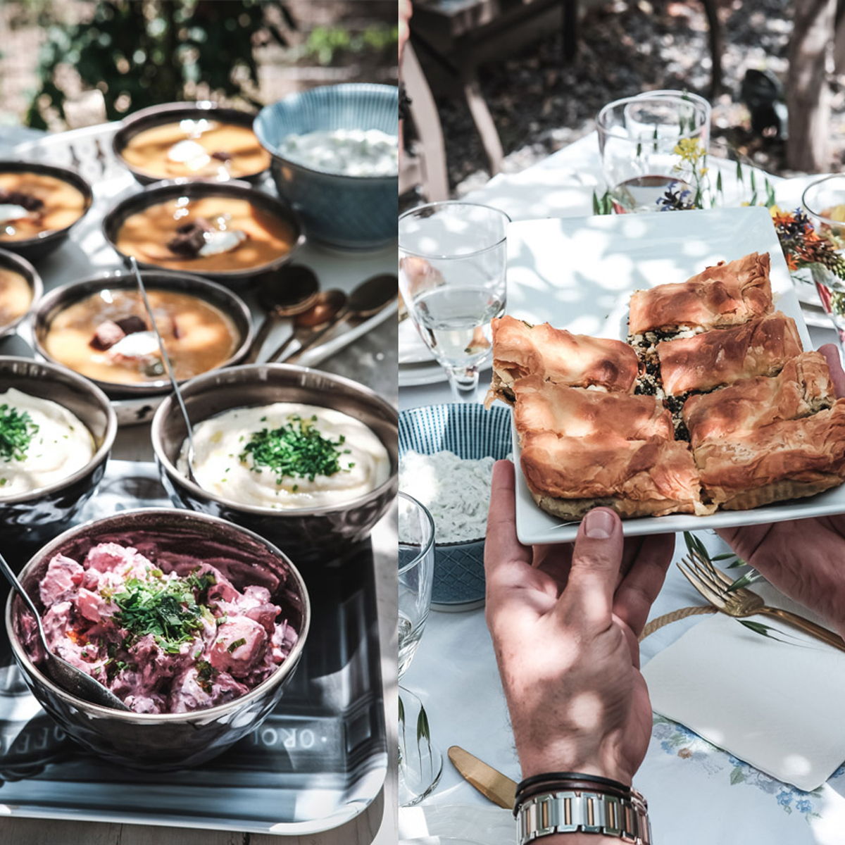 Greek lunch under the trees in a private garden in Athens